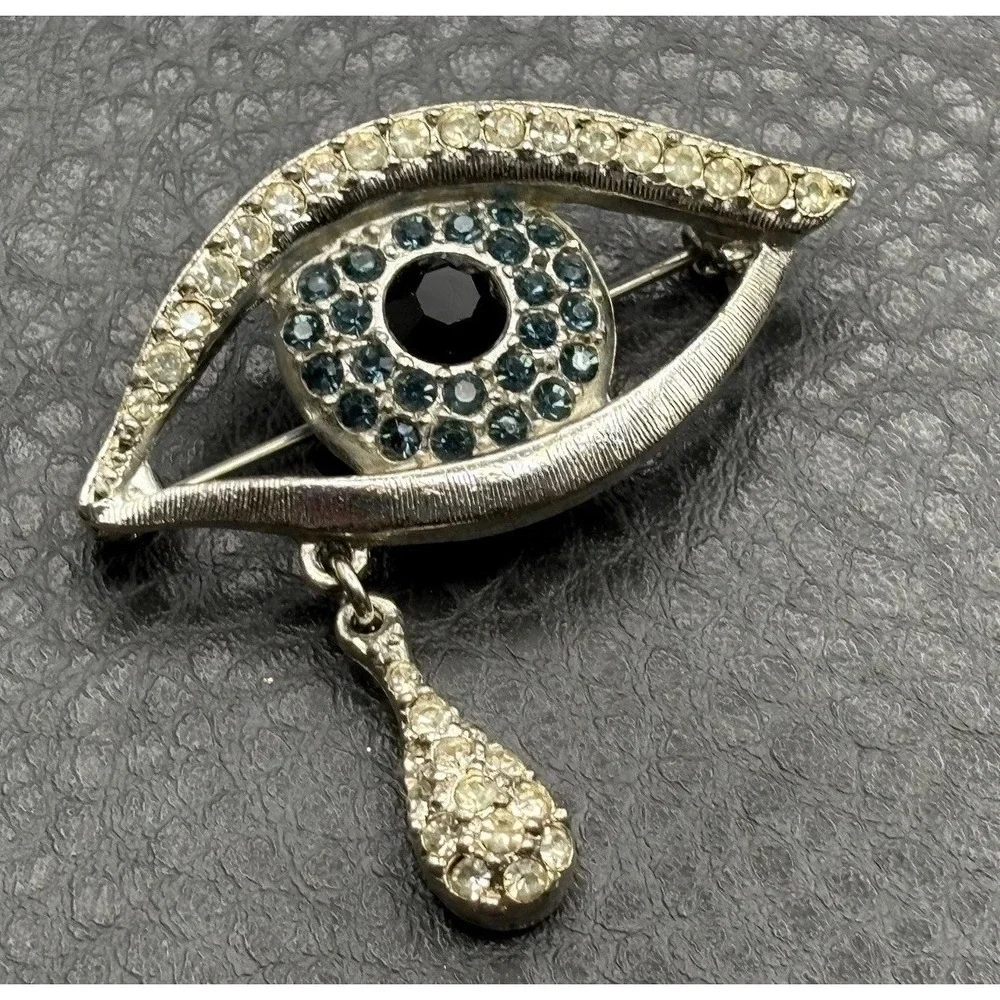 Vintage Crystal Eye Teardrop Crying Brooch Silver Tone Black Blue Rhinestone Pin